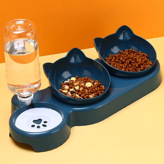 3-in-1 Geneigte Katzennapf-Set mit Wasserspender
